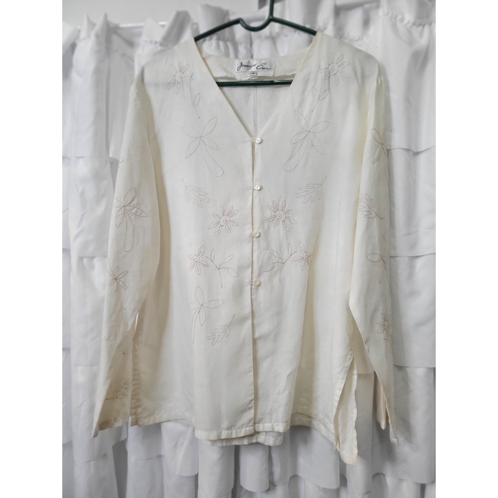 Jennifer Eden White Floral Embroidered V-Neck Button Front Blouse Womens 16 1402
